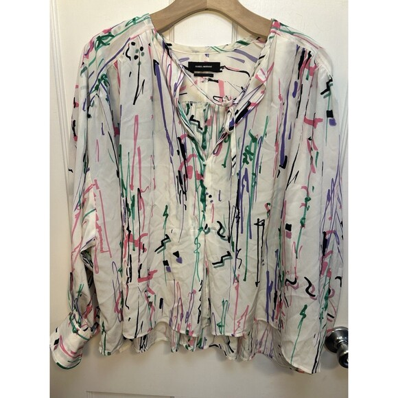 ISABEL MARANT Silk Amba Blouse Lightweight Top Sz 40 / 8 Ecru Printed Split Neck - Picture 2 of 11